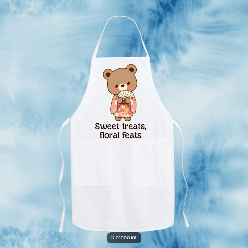 Funny bear in a floral kimono gracefully holding a delicate fan, a humorous kitchen apron.