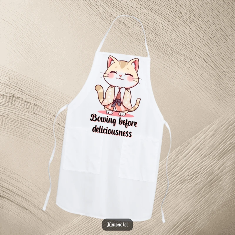 Funny cheerful cat in a patterned kimono energetically bowing, a humorous kitchen apron.