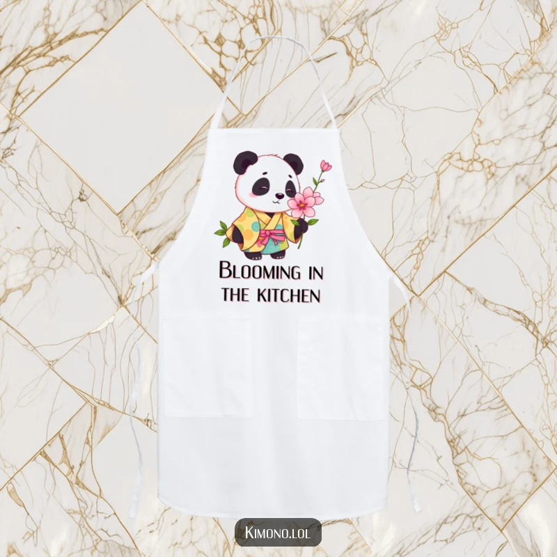 Funny panda in a colorful kimono curiously sniffing a blooming flower, a humorous kitchen apron.