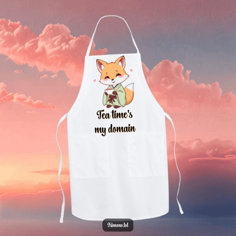 Funny fox in a silk kimono offering a small teacup, a humorous kitchen apron.