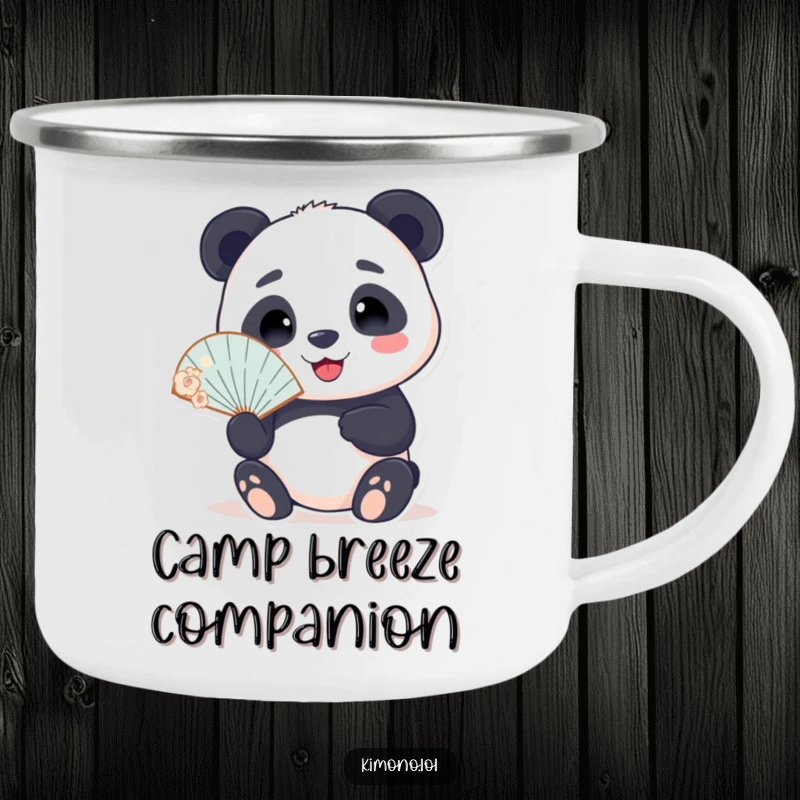 Funny camping mug showing a smiling panda holding a fan, ideal for adventurers who appreciate humor and staying cool.