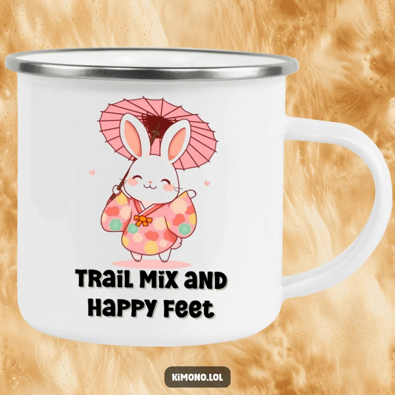 Funny rabbit in a vibrant kimono dancing with a paper umbrella, a rugged and humorous camping mug.