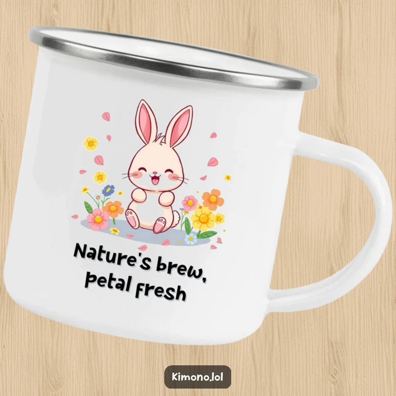 Funny camping mug featuring a happy bunny scattering flower petals, perfect for enjoying drinks on the go.