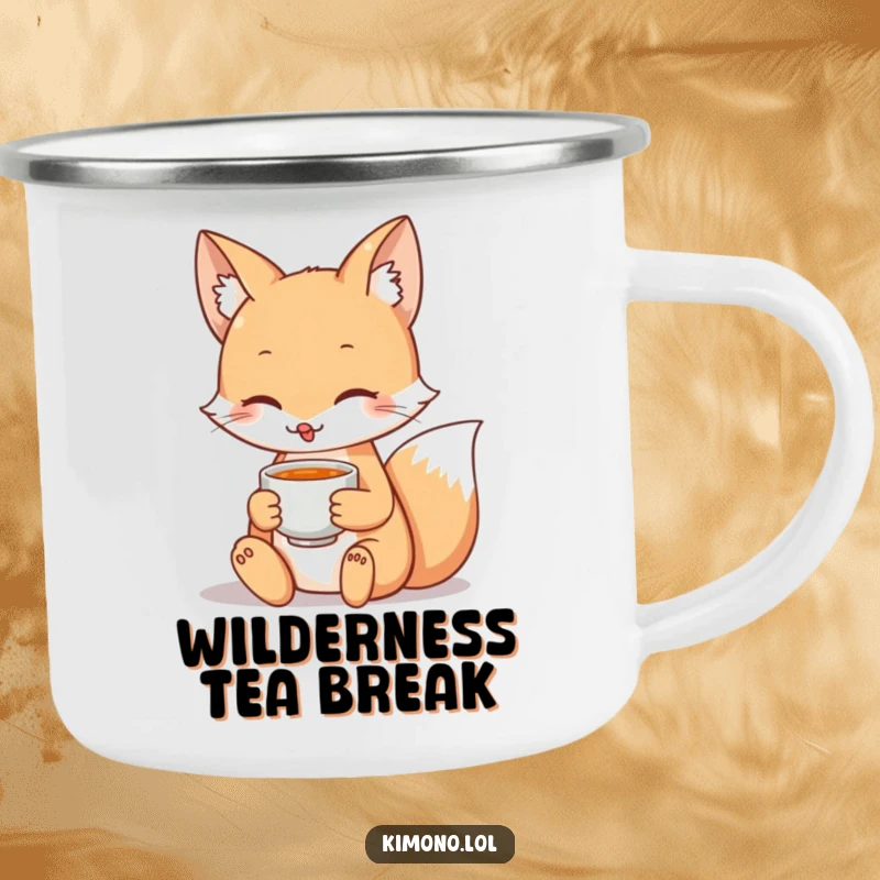Funny camping mug with a serene fox character enjoying a teacup, perfect for peaceful moments in nature.