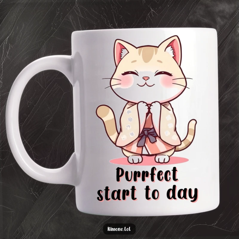 Funny cheerful cat in a patterned kimono energetically bowing, cute and lively mug art.