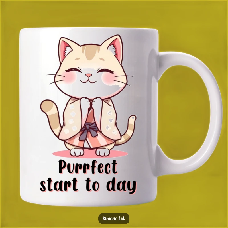 Funny Cat Kimono Mug: Energetic Bow, Cheerful Japanese Art Gift