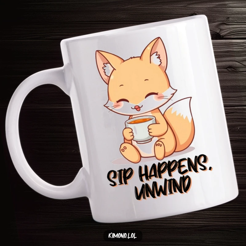 Funny mug featuring a serene fox character gracefully holding a delicate teacup, evoking peaceful tea time.