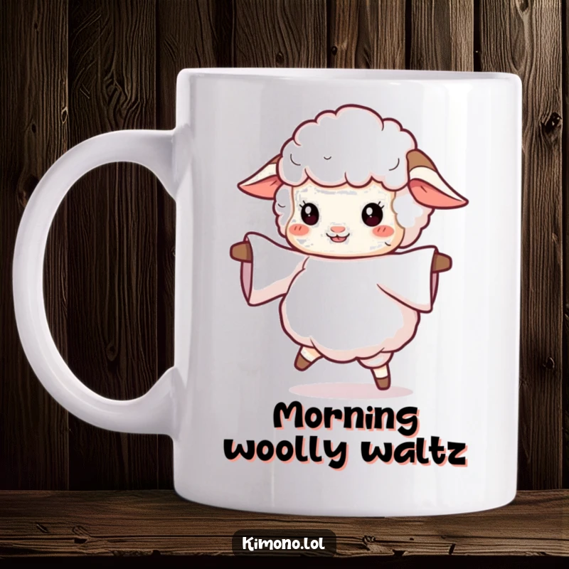 Funny sheep mug with a fluffy sheep character twirling gracefully with a flowing sleeve, embodying whimsical joy and movement.
