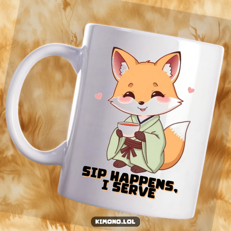 Funny smiling fox in a silk kimono offering a small teacup, serene and whimsical mug art.