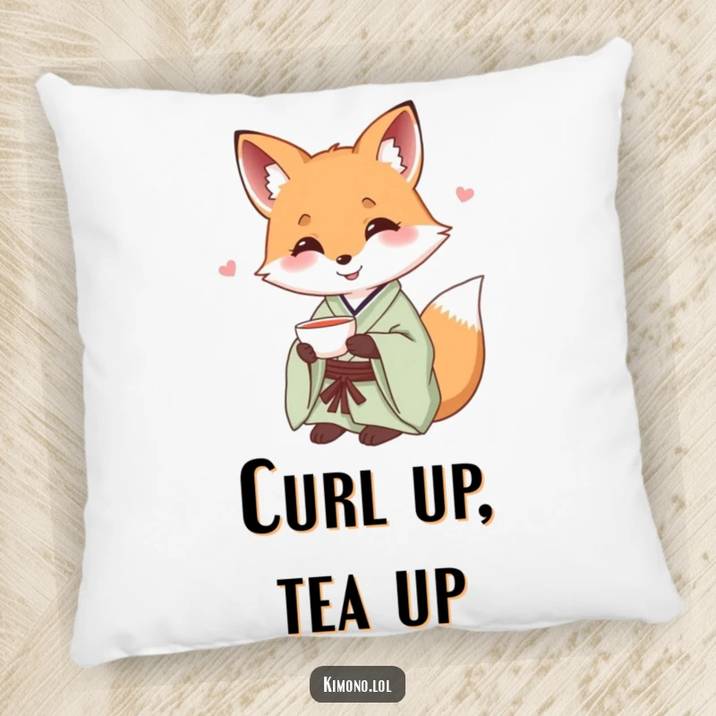 Funny smiling fox in a silk kimono offering a small teacup on a soft pillow.