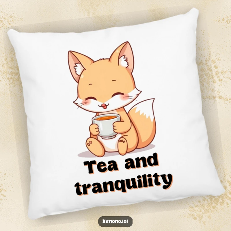 Funny pillow featuring a serene fox character holding a teacup, perfect for adding a touch of calm to any seating.