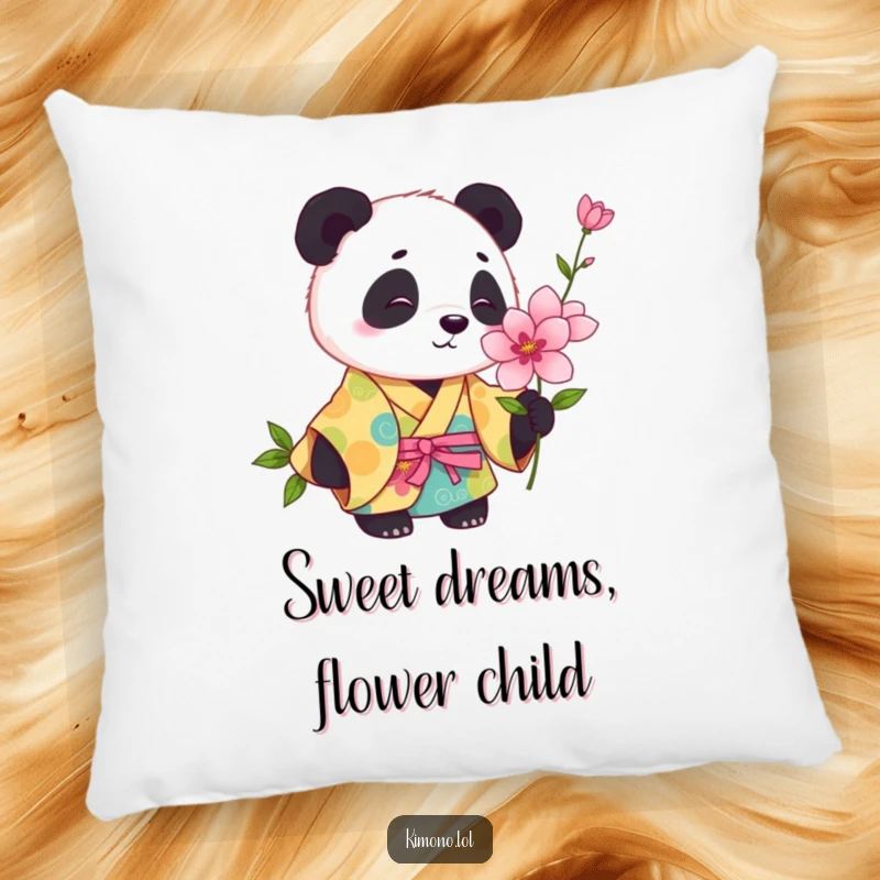 Funny playful panda in a colorful kimono curiously sniffing a blooming flower on a soft pillow.