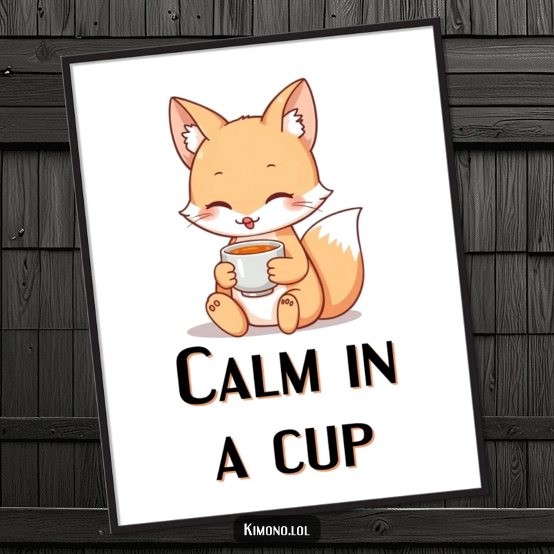 Funny digital art print of a serene fox holding a teacup, perfect for creating a calm and elegant atmosphere.