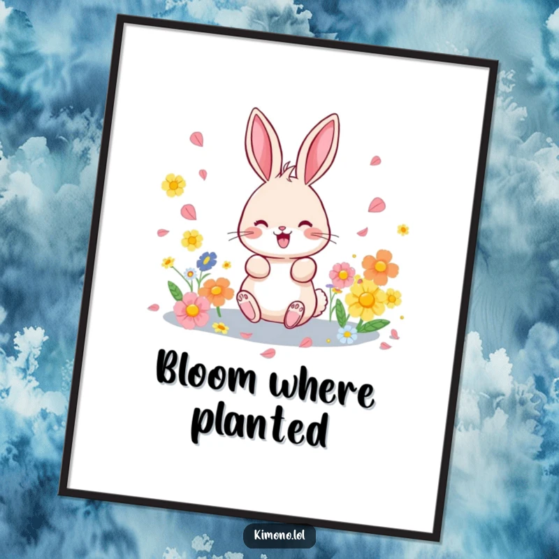 Funny digital art print of a cheerful bunny showering colorful flower petals, ideal for instant wall decor.