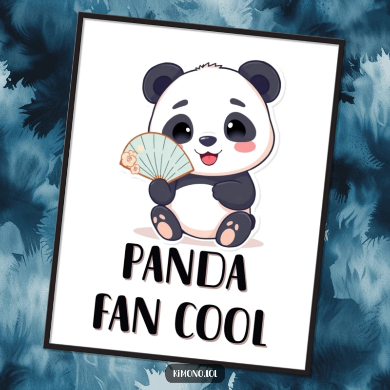 Funny digital art print of a smiling panda holding a delicate fan, a humorous and serene illustration for instant decor.