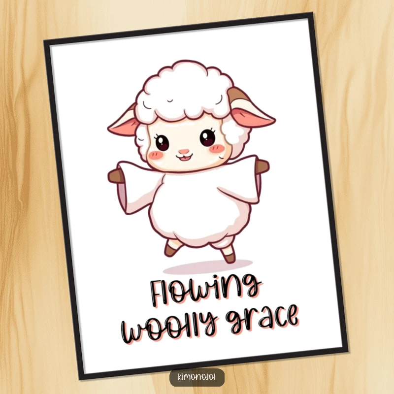 Funny digital art print of a fluffy sheep twirling with a flowing sleeve, a humorous and joyful illustration for instant decor.