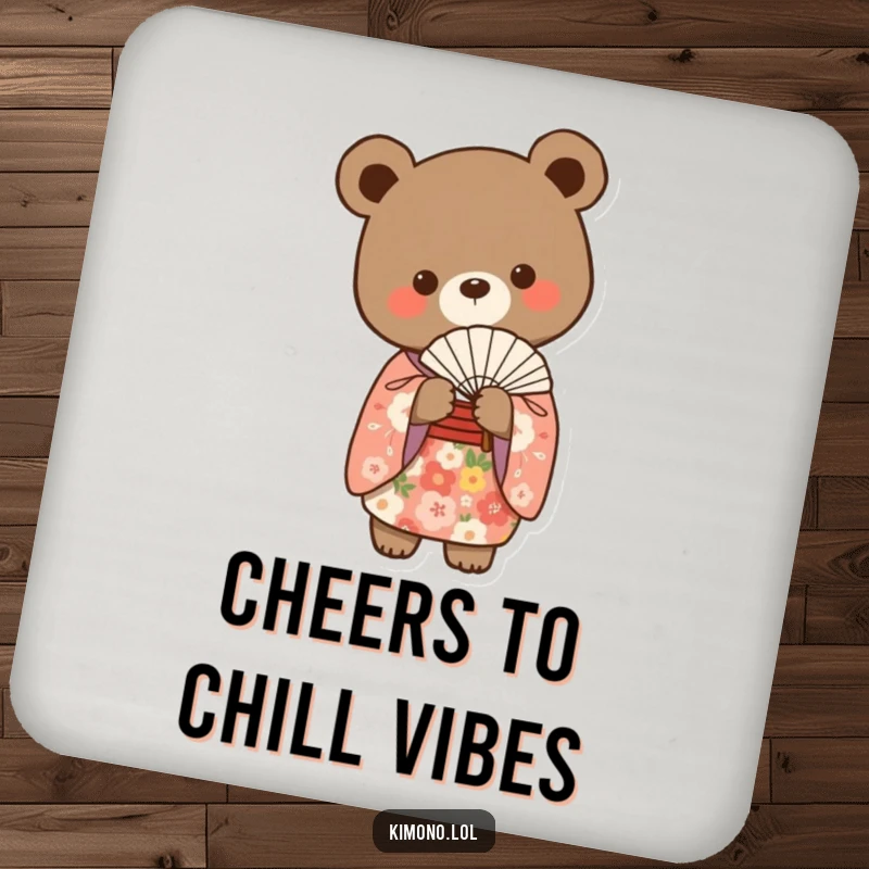 Funny bear in a floral kimono gracefully holding a delicate fan, a humorous drink coaster.