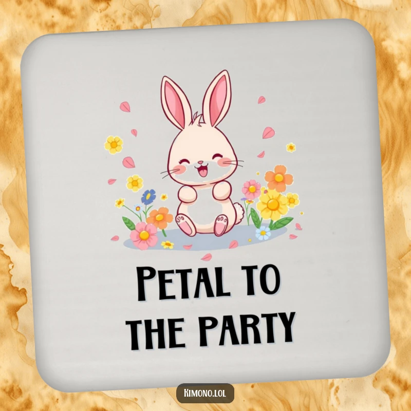 Funny drink coasters with a playful bunny scattering colorful flower petals, protecting surfaces with style.