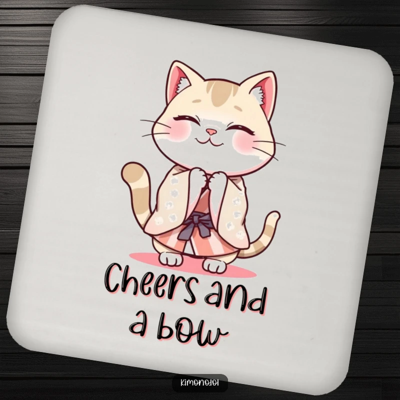Funny cheerful cat in a patterned kimono energetically bowing, a humorous drink coaster.