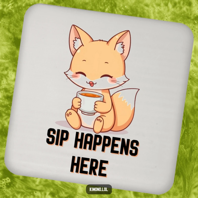 Funny drink coasters featuring a serene fox with a teacup, providing elegant protection for tables.