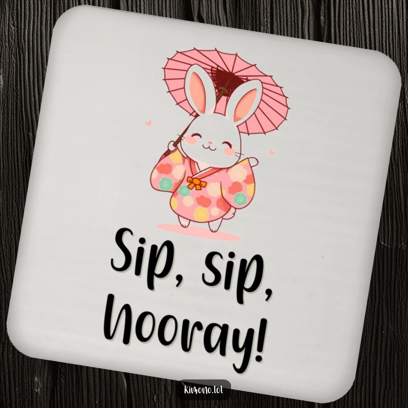Funny rabbit in a vibrant kimono joyfully dancing with a paper umbrella, a humorous drink coaster.