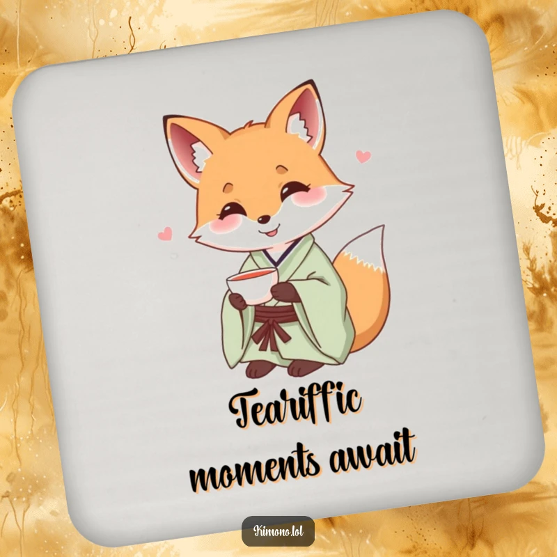 Funny fox in a silk kimono offering a small teacup, a humorous drink coaster.