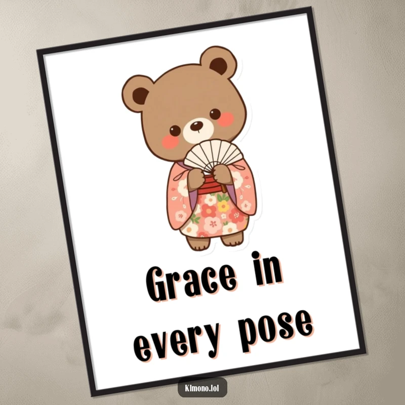 Funny artistic print of a small bear in a floral kimono gracefully holding a delicate fan.
