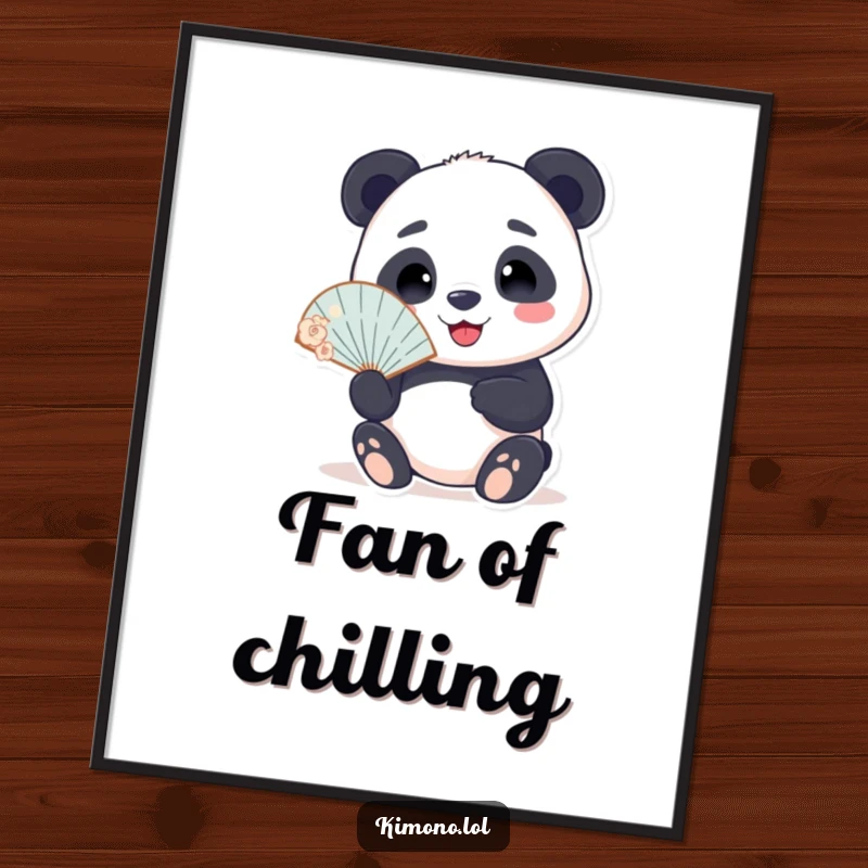 Funny poster of a smiling panda holding a delicate fan, an amusing and decorative piece for any room.