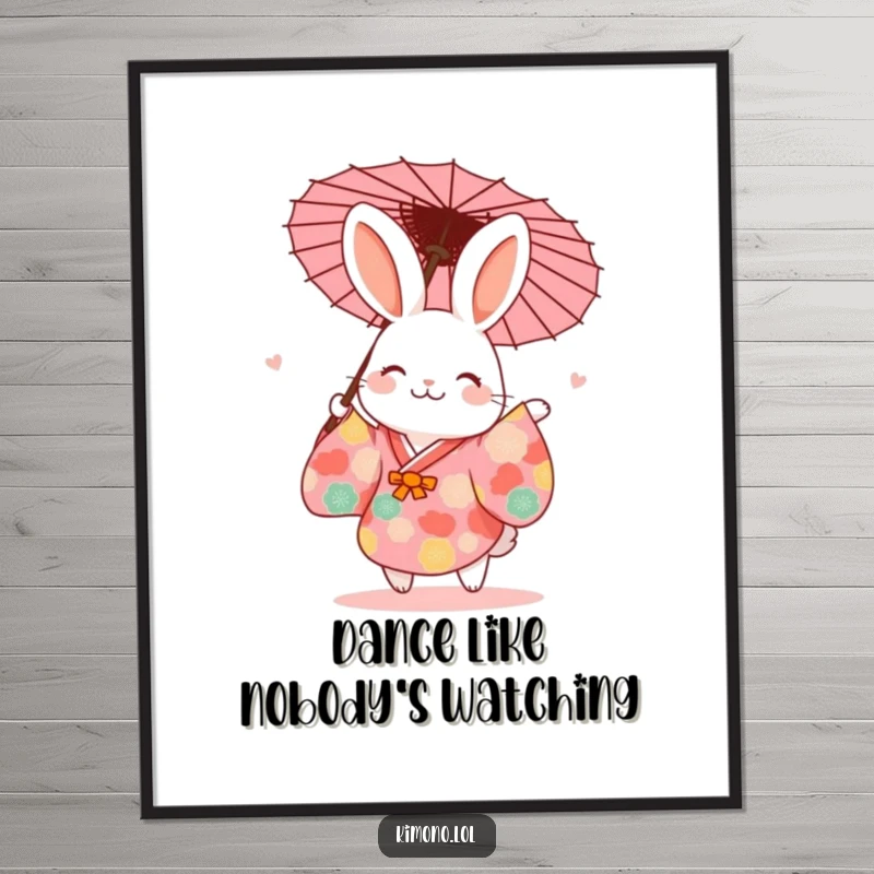 Funny artistic print of a rabbit in a vibrant kimono joyfully dancing with a paper umbrella.
