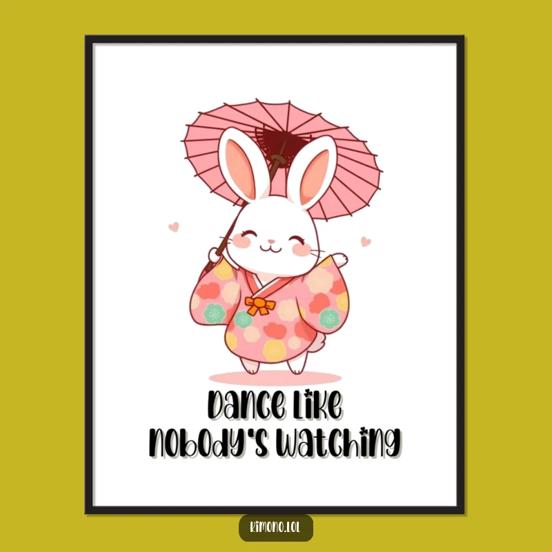 Funny Rabbit Dancing Kimono Poster: Vibrant Joyful Art Print, Humorous Wall Decor Gift