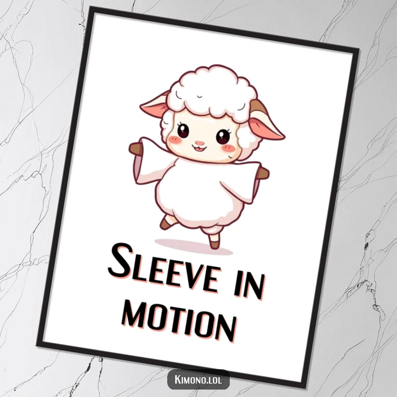 Funny poster of a fluffy sheep twirling with a flowing sleeve, an amusing and decorative piece for any room.