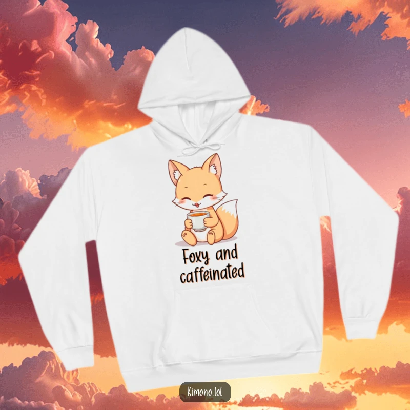 Funny hoodie with a serene fox character holding a teacup, perfect for cozying up with a warm drink.