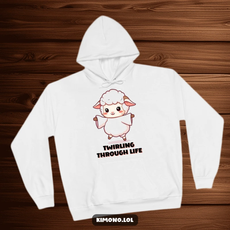 Funny hoodie featuring a fluffy sheep character joyfully twirling with a dramatic, flowing sleeve, combining coziness with whimsical dance.
