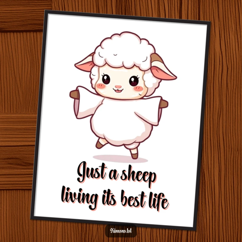 Funny free printable wall art: A fluffy sheep is depicted twirling joyfully with a flowing sleeve, full of delight.