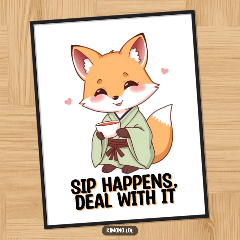Funny Free Printable Wall Art: Smiling fox in a silk kimono offering a small glass of tea.