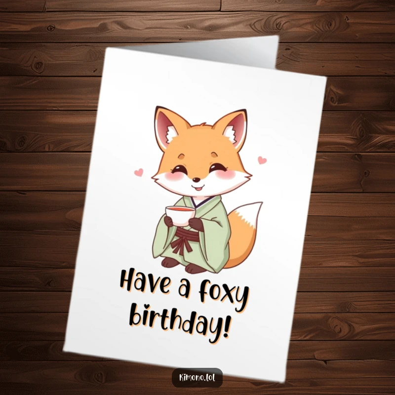 Funny Free Printable Birthday Card: Smiling fox in a silk kimono offering a small teacup.