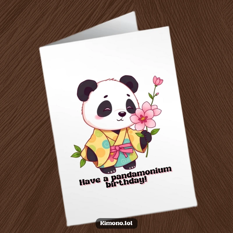 Funny Free Printable Birthday Card: Playful panda in colorful kimono curiously sniffing a blooming flower.