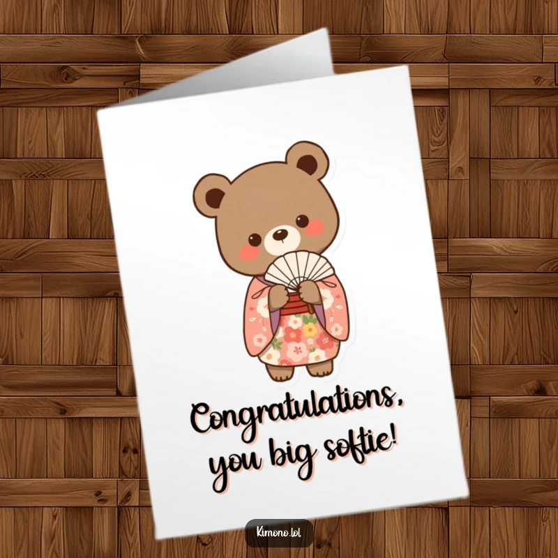 Funny Free Printable Congratulations Card: Adorable bear gracefully holding a delicate fan in a floral kimono.