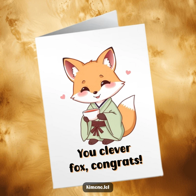 Funny Free Printable Congratulations Card: Friendly fox in a silk kimono offering a small teacup.