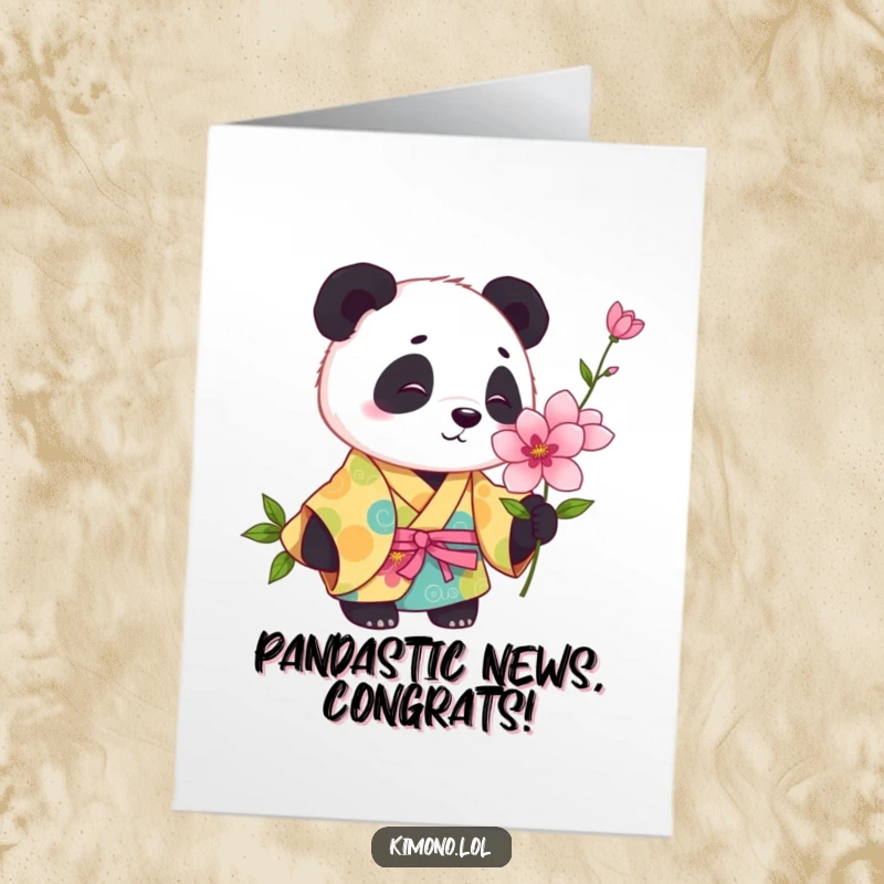 Funny Free Printable Congratulations Card: Playful panda in a colorful kimono curiously sniffing a blooming flower.