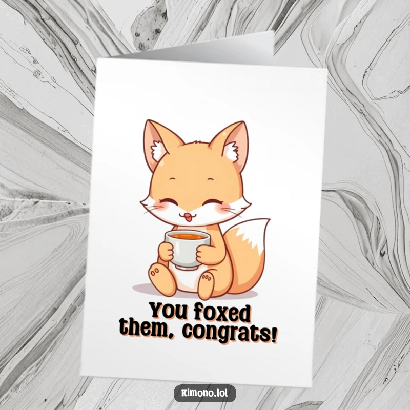 Funny free printable congratulations card showing a peaceful fox holding a teacup, toasting to success.