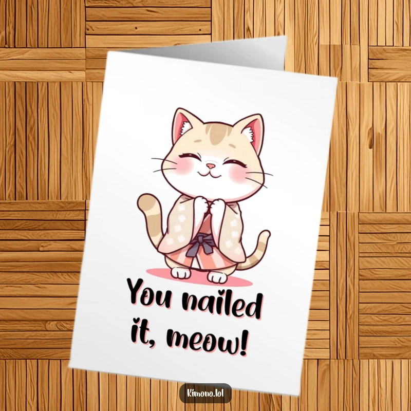 Funny Free Printable Congratulations Card: Cheerful cat in a patterned kimono energetically bowing.