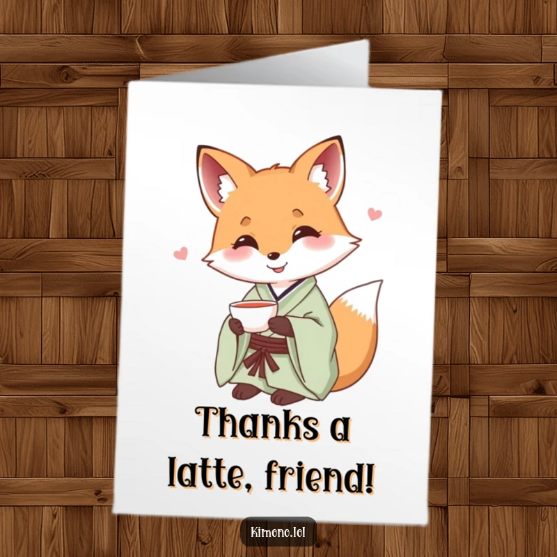 Funny Free Printable Thank You Card: Smiling fox in a silk kimono offering a small teacup.