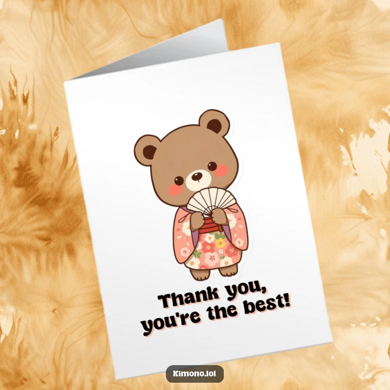 Funny Free Printable Thank You Card: Small bear in a floral kimono gracefully holding a delicate fan.