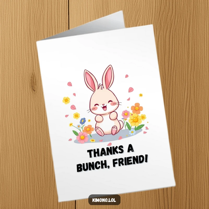 Funny free printable thank you card with a cute bunny showering colourful flower petals with appreciation.