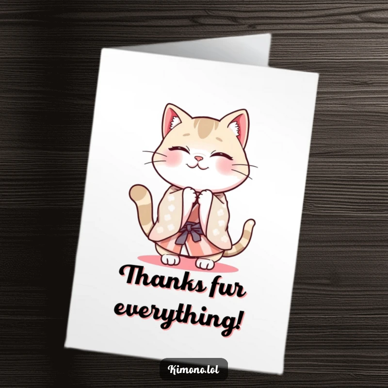 Funny Free Printable Thank You Card: Cheerful cat in a patterned kimono energetically bowing.