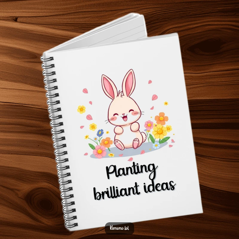 Funny notebook with a playful bunny scattering colorful flower petals, perfect for jotting down notes and ideas.
