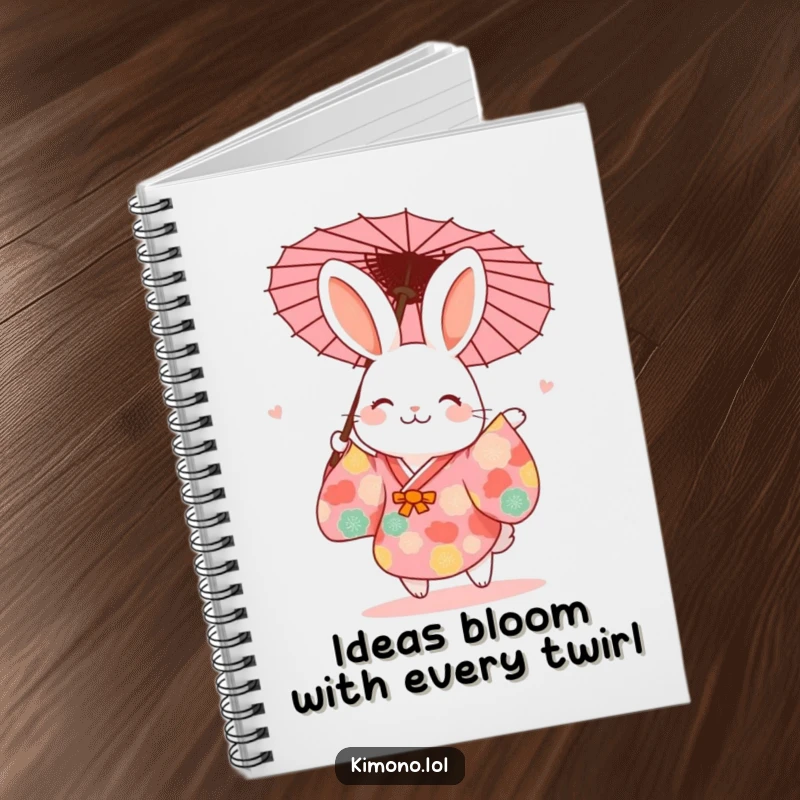 Funny rabbit in a vibrant kimono joyfully dancing with a paper umbrella, a humorous notebook cover.