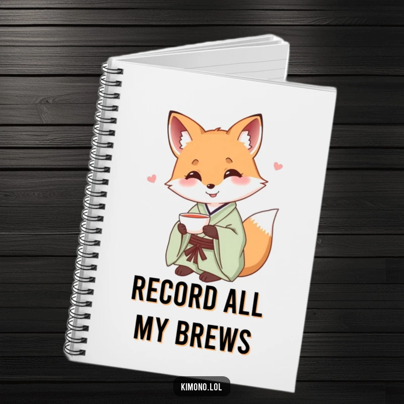 Funny fox in a silk kimono offering a small teacup, a humorous notebook cover.
