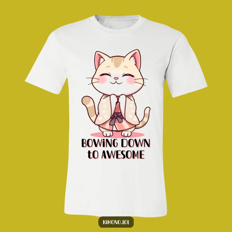 Funny Cat Kimono T-Shirt: Energetic Bow Graphic Tee, Humorous Cat Lover Gift
